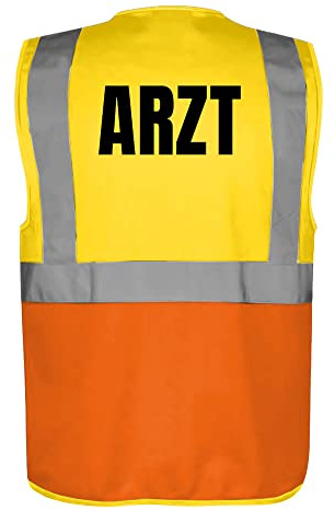 Fassbender-Druck WARNWESTEN - Sicherheitsweste GELB/ORANGE mit Taschen und Reißverschluss nach EN ISO 20471 zertifiziert - Warn Weste für ARZT - Unisex mit hochwertigem Reflektorstreifen