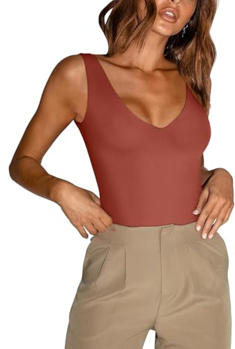 REORIA Mujer Verano Sexy Plunge Profundo Escote en V Sin Mangas Doble Forro Camisetas sin Mangas de una Pieza Tanga Body Leotardos para Salir Rojo Óxido Mediano