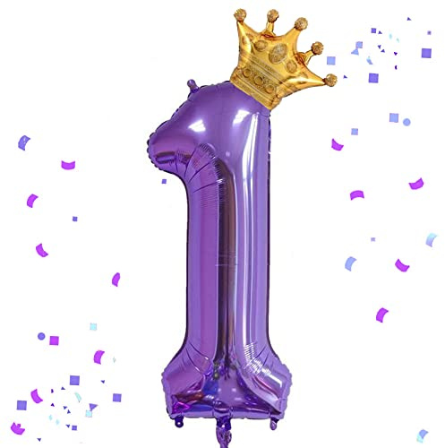 40 Inch Purple Number 1 & Mini Crown Balloon for Birthday Party, 1st Birthday Party Decorations, Purple Theme Party Balloons Decorations Supplies
