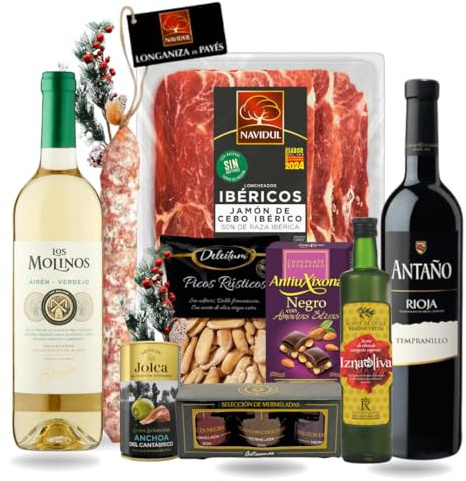 FAMILYCOM. Cesta Gourmet para regalar. Surtido con Chocolates originales de regalo. Lote de embutidos, Paleta de Cebo, Longaniza Payes y Conservas, Vinos, Aceite de Oliva y Picos gourmet.