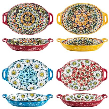 Henten Home Pasta Bowls with Handle, 32 oz Porcelain Salad Bowls Set of 4, Ceramic Colorful Serving Dishes for Dinner, Vegtable, Fruit, Microwave & Dishwasher Safe