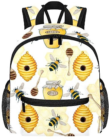 VAPOKF Petit sac à dos d'école léger pour enfants - Petit sac de voyage à bandoulière pour garçons et filles - Motif abeilles - Pot de miel et ruche, multicolore, 25.4x10x30 CM/10x4x12 in