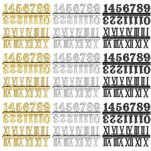 EEEKit Uhrenziffern für Wanduhr Ersatz: 18 Set Arabische & Römische Ziffern | DIY Digital Zahlen für Wanduhren Ersatz in Schwarz Gold Silber Uhrenziffern - Uhrzahlen Ersatz Reparatur Zubehör