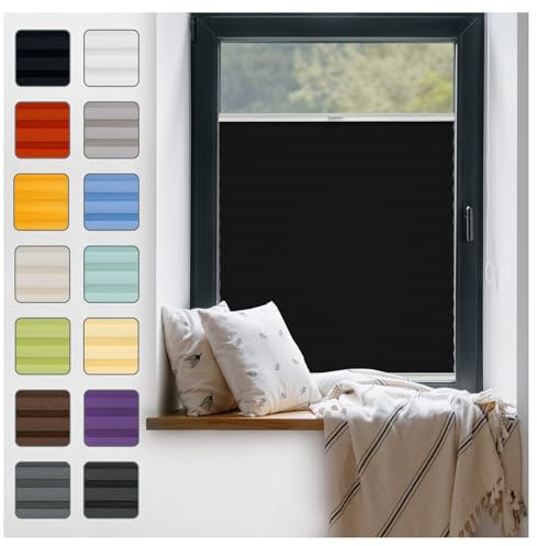 Fenster Plissee ohne Bohren zum Kleben Innenrahmen - Thermo Plisseerollo Innen - Rollo Jalousie, Halterungen auf Rahmen, Faltrollo, Sichtschutz, Blickdicht, für Fenster & Tür - Schwarz, 80 x 180 cm