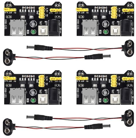 AEDIKO 4pcs MB102 Solderless Breadboard Power Supply Module 3.3V/5V with 4pcs 9V Battery Clip Buckle T-Type Power Cable Male 2.1MM DC Jack Plug