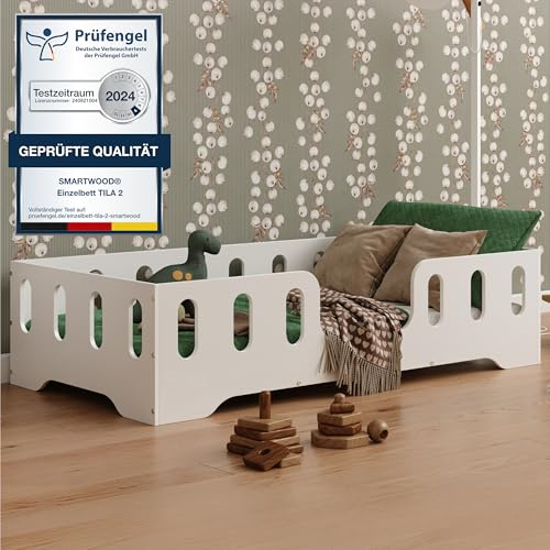 smartwood Bodenbett 100x200 cm mit Rausfallschutz, Holz, Weiß, TILA 2 | Montessori Kinderbett, Lattenrost belastbar bis 230 kg, FSC-Zertifikat, abgerundete Kanten, Einfache Montage, ab 3 Jahren
