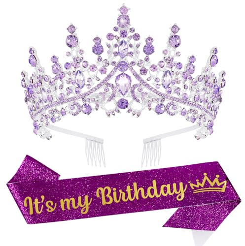 VELSCRUN Purple Crystal Birthday Tiara Crowns for Women Girls It's My Birthday Sash Queen Girls Princess Crown with Combs Happy Birth Party Decorations Mom Sisters Birth Gift Hair Accessories