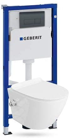 Lavita Duofix Basic Vorwandelement + Wand Tiefspül WC Salto Weiß Spülrandlos +WC Sitz + Bedienplatte Delta 25 Schwarzer Knopf Komplettset Unterputz Spülkasten Toilette Komplett Sett WC