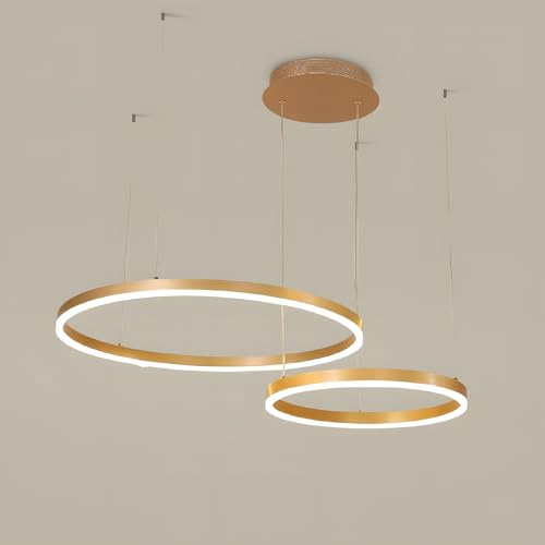WayLuoung Metall LED Kronleuchter | 2 Kreise 40+60cm | 40W Rings Deckenhängelampe, Dimmbare Fernbedienung 3000–6000K, Acryl Schirm Pendelleuchte, Wohnzimmer Schlafzimmer Foyer Esszimmer【Gold】