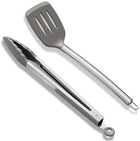 ReaNea Spatel- und Kochzangen-Set, Silikon-Schlitzwender, Küchenzange, hitzebeständiger Griff rutschfest, mit Silikonspitzen, spülmaschinenfest