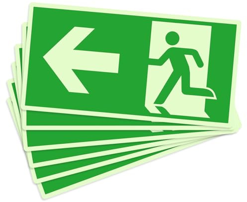 Mumjooyi 6 Stück Notausgang Links Notausgangsschild Nachleuchtend Selbstklebend PVC Starker Kleber Hochwertiges Links Notausgangsschild Aufkleber 29 x 13 cm