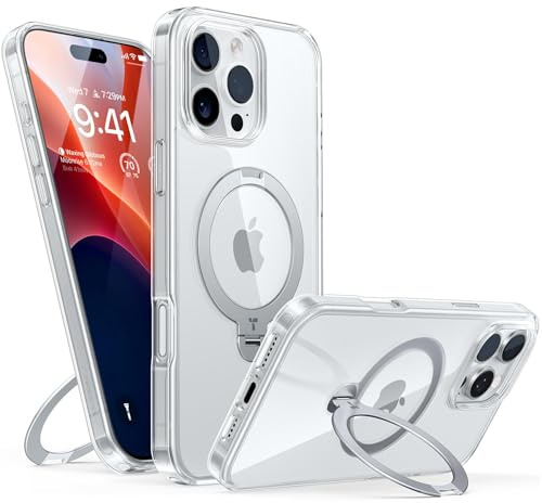 TORRAS Ostand Q3 Spin für iPhone 16 Pro Hülle (360° Magnetischer Unsichtbarer Ständer) Zertifizierte Militärschutz, MagSafe Kompatibel, Stoßfest Diamant-Klar Anti-Vergilbung Transparent