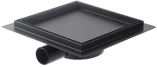 Kasloglow Siphon de douche carré en acier inoxydable - 25 x 25 cm - Noir - Carrelage - Siphon avec filtre à cheveux et système anti-odeurs - Pivotant à 360° - Pour douches au sol