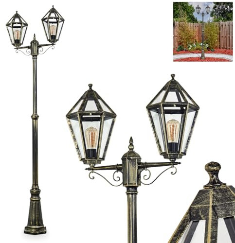 Kandelaber Falfosa, Außenwegeleuchte aus Metall/Glas in Schwarz/Gold/Klar, Leuchte im Vintage/Antik/Landhaus-Design für Garten/Terrasse/Hof, Höhe 242 cm (verstellbar), 2 x E27, ohne Leuchtmittel, IP44