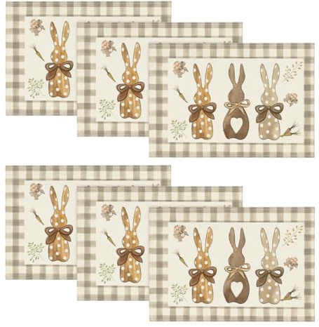 Artoid Mode Büffelkaro Hase Karotten Ostern 6er Set Platzsets, 30x45cm Frühling Bankett Tischsets Waschbar Platzdeckchen Küche Party Deko