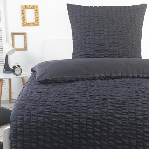 BaSaTex Seersucker Bettwäsche Set 135x200 in Box-Optik - Bettbezug und Kissenbezug - Weiche Mikrofaser - Bügelfrei - 2 teiliges Set - Farbe: Anthrazit Grau
