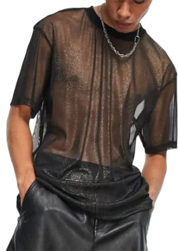 Camiseta de Malla Transparente para Hombre Manga Corta Rejilla Verano Top (Size:M,Color:Negro)