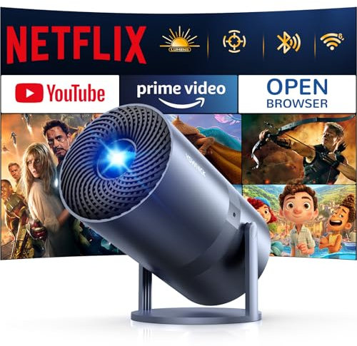 Netflix - Mini proyector con WiFi y Bluetooth - 1080P 4K compatible con proyector portátil para exteriores, proyector inteligente YOWHICK de 270° para noche de cine, techo, cine en casa (gris)