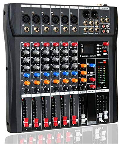 Mezclador de DJ, mezcladores en vivo, controlador de mezclador de audio de 6 canales, soporte USB con Bluetooth, consola de mezcla portátil, amplificador mezclador de sonido digital con mesas de mez