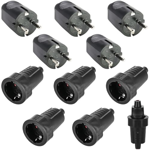5 Paar Schuko Stecker Kupplung, 250V 16A IP54 Schutzkontakt Stecker, Gummi Schukokupplung Set, 2-polig Aussen Wasserdicht Schwarz Schukostecker und Gummikupplung, ohne Kabel