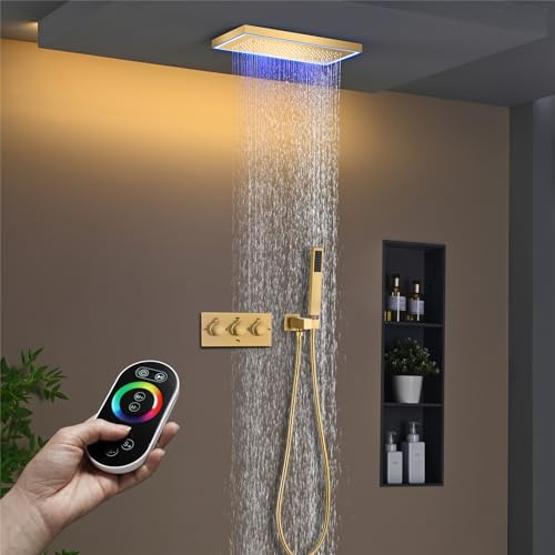 Duschsystem Unterputz mit LED 64 Farben, Duscharmatur Komplettset Unterputz mit 40X20CM Regendusche Duschkopf und Handbrause, Messingkörper, Silikon-Düsen, Gebürstetes Gold