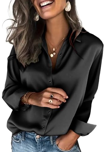 Zeagoo Satin Blouses for Women Black Silk Button Up Shirt Professional Work Tops Black