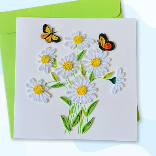 Quilling Cards, handmade card, quilled cards with Dedicated Paper, quilling birthday cards for women or all occasions: Mother's day, Father's day, Birthday... daisy bouquet (White Daisy bouquet)