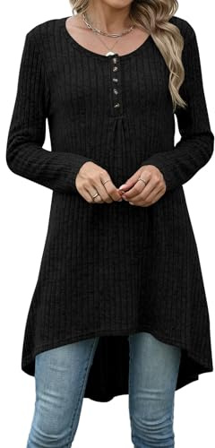 Naggoo Women's Long Sleeve Button V Neck High Low Loose Fit Casual Long Tunic Tops Tee Shirts Sweaters BLack L