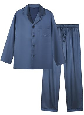 JupiterSecret Men's Silk Pajama Set Satin Long Sleeve Button-Up Nightgown Luxury Two-Piece Sleepwear with Pockets