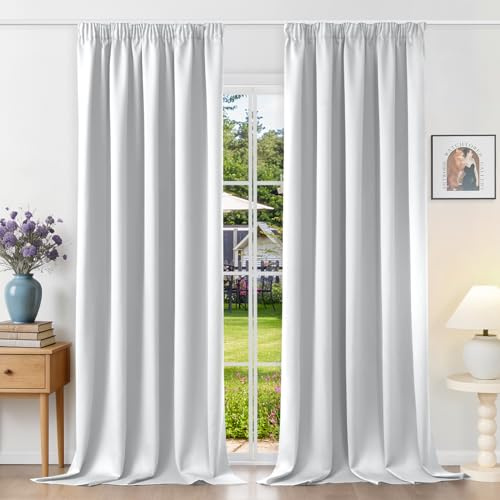 Runyéla Gardinen mit Kräuselband Vorhänge Blickdicht Grauweiß Verdunkelungsvorhänge 2er Set 245 x 140 (HxB) für Schienensystem, Thermovorhänge Kälteschutz Schiebegardinen für Wohnzimmer Curtain
