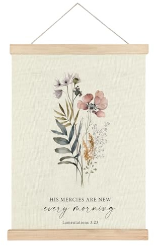 Christliches Wanddeko, Leinwand Bilder Christliche Deko, Boho Blumen Holzwandposter, Biblischer Spruch „His Mercies Are New“, Wandbilder für Schlafzimmer Wohnzimmer Wanddekoration, 30×38cm