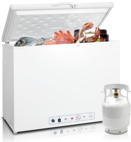 Smad 200L Gas Chest Freezer, 2 Way Camping Fridge, 240V/Propane Gas for Campervan, Caravan, Motorhome, Garage, RV, Home, 0dB, -12℃-0℃ White with Lock, Basket