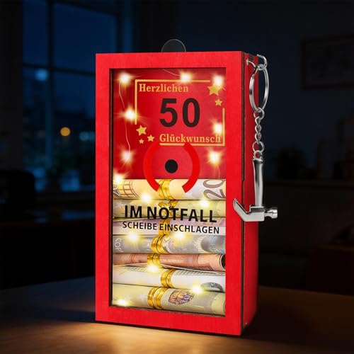 TUZELIYA LED Geldgeschenke 50. Geburtstag - 50 Geburtstag Frauen & Männer - Personalisierte Geschenke für Geld - Lustige Notfallbox Geschenke mit Hammer, goldene Schnur und Lichterkette