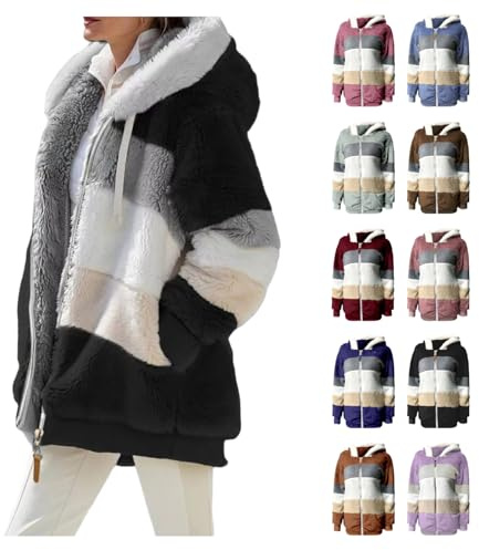 YCBMINGCAN Chaqueta de invierno para mujer con capucha | Cálida chaqueta de peluche de forro polar como chaqueta de otoño | Sudadera informal con diseño de bloque de colores con cremallera