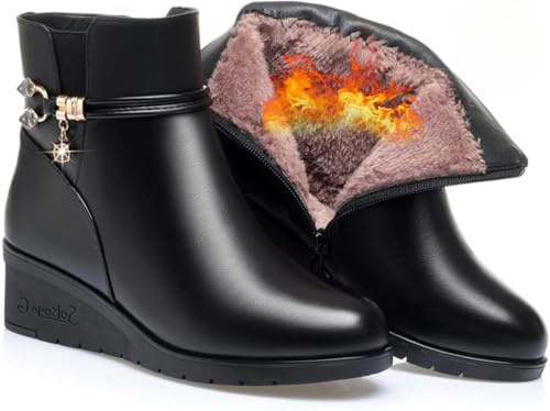 Stivaletti da donna con zeppa nera, stivali eleganti da donna, morbida piattaforma in pelle con cerniera laterale, strass scintillanti, fodera in pelliccia, stivali da neve spessi, Nero A, 33.5 EU