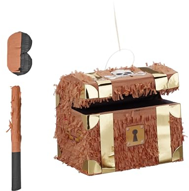 Relaxdays Piñata Coffre au Trésor pour Enfants, avec Bâton et Masque, 27×30×23 cm, Brun