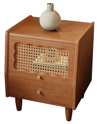 HJYXXSR Mesita de noche de madera, mesitas de noche con 2 cajones de almacenamiento, puerta de ratán lateral y puerta de cristal, adecuada para dormitorio (color: color madera de cerezo + puerta de