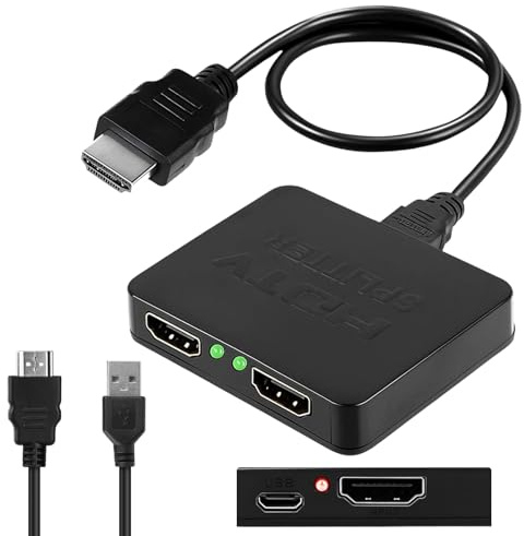 HDMI Splitter 1 In 2 Out for Dual Monitors, 2 Port HDMI Splitter Adapter with 59in Cable HD 1080p Connector Support Same Screen for HDTV, Blu-Ray Player, Laptop (Not Extend, Just Duplicate Display)
