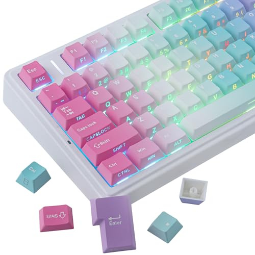 PBT Keycaps, 128 Keys Rainbow Gradient Double Shot Keycaps, Side Printed Transparent Cherry Profile Dye Sub Cute Custom Keycap for Cherry MX Switch Mechanical Keyboards