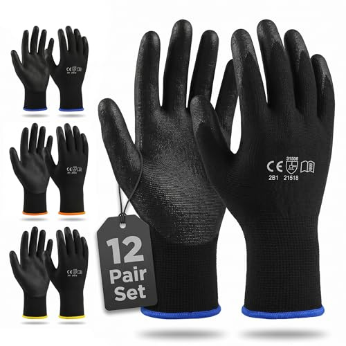 Ventox 12 Pair Safety Gloves L - Breathable Nylon PU-Coated with Non-Slip Grip Safety Work Gloves, Flexible Lightweight Design for Men & Women, Ideal for General Purpose Tasks
