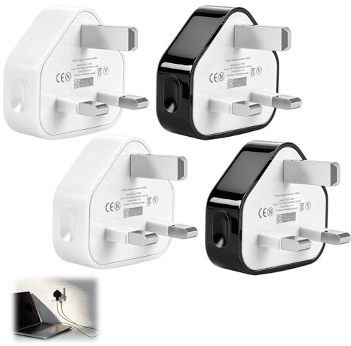 4 Pack 5V 1A USB Plug Adapter UK 3 Pin Wall Charger Fast Charging | Compatible with iPhone 17/16/15/14/13/12/XR/XS/SE/8/7/6 iPad Samsung Galaxy S26 Huawei Phone Charger Mains Plug Black & White