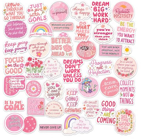 50Pcs Aesthetic Stickers, Waterproof PVC Motivational Stickers for Laptop Water Bottle Luggage Phone, Positive Inspirational Preppy Stickers for Girls Women Kids, Pink