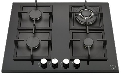 K&H 4 Zonen Glas Gaskochfeld 60cm Wok Brenner Erdgas Autark Eigebaut mit Thermoelement-Flammenaustrittssystem 4Z-KHG