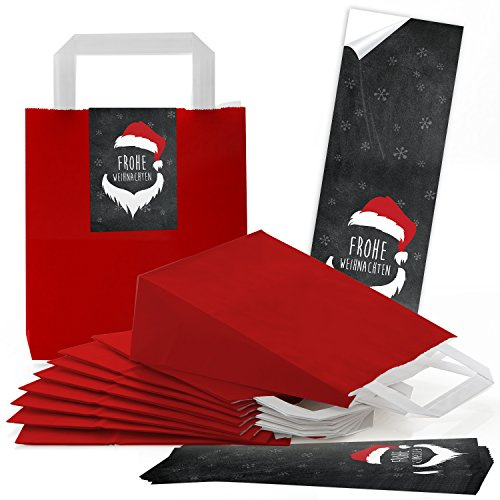 Logbuch-Verlag 10 kleine ROTE Frohe Weihnachten Geschenktüte Geschenkbeutel Papierbeutel mit Henkel Verpackung MIT AUFKLEBER Santa schwarz weiß 18 x 8 x 22 cm