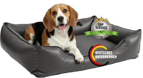 CopcoPet Orthopädisches Hundebett mittelgroße Hunde L – Waschbares Hundekissen 【Kunstleder】 Hundekorb aus Kunstleder - Formstabiles Hundesofa - Hundekörbchen mit Rand für Hunde, Dog Bed Grau 90x70 cm