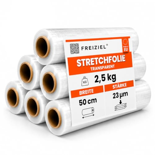 Freiziel® 6 x Stretchfolie 50cm 2,5 kg 23my (transparent) Wickelfolie, Packfolie, Palettenfolie, Dehnfolie