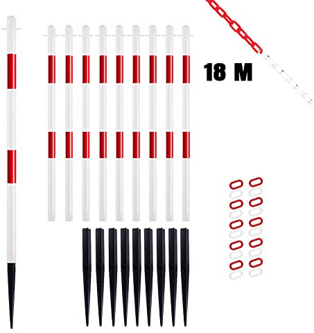 TMS PRO SHOP Kettenpfostenset, mit Einschlagspitze, 10 Stück, rot/weiß, mit 18 m Kette aus Kunststoff, Art.-Nr. 608138 | Kettenpfosten | Absperrpfosten | Absperrkette