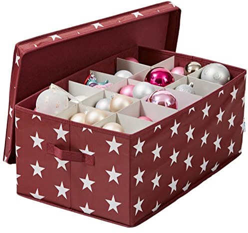 LOVE IT STORE IT Aufbewahrungsbox für Weihnachtskugeln - Verpackung für Weihnachtskugeln - Verstärkt mit Karton - 30 Fächer - Rot mit Sternen - 58x36x25 cm