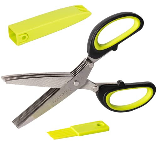 GOURMEO Tijeras para Hierbas - Corta Verduras con Múltiples Hojas de Acero Inoxidable - Tijera de Cocina con 5 Hojas y Tapa & peine para eliminar las hierbas
