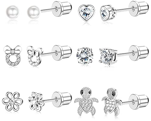 MILACOLATO 6Pares Pendientes Niña Mujer Hipoalergenicos Pendientes Tuerca Acero Quirurgico Rosas CZ Corazón Flor Aretes Antialergicos Tornillo Trasero Pendiente Tragus Cartilago Zarcillos Blanco